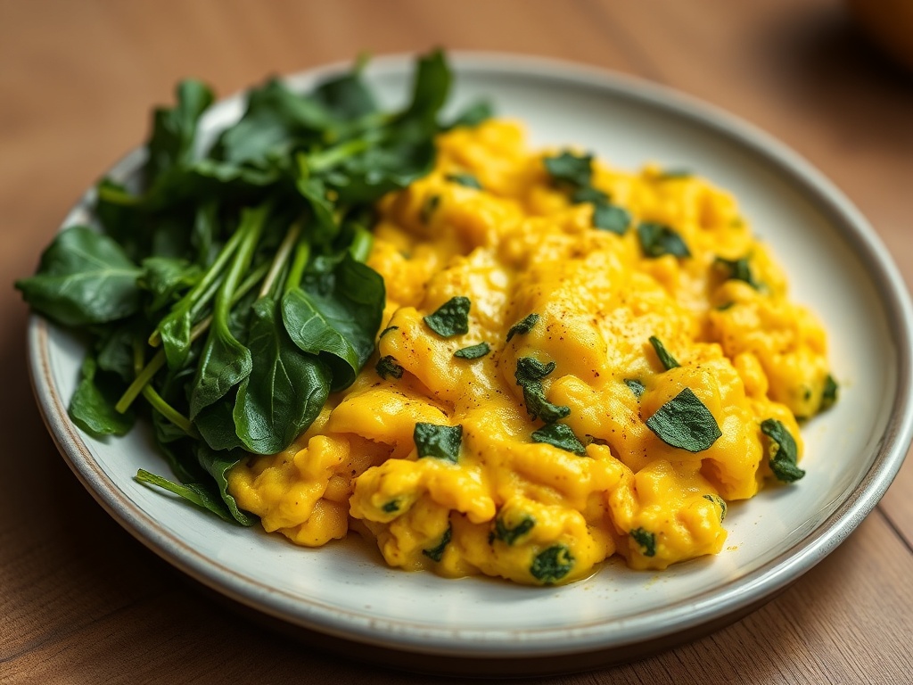Golden Turmeric Scrambled Eggs with Wilted Spinach