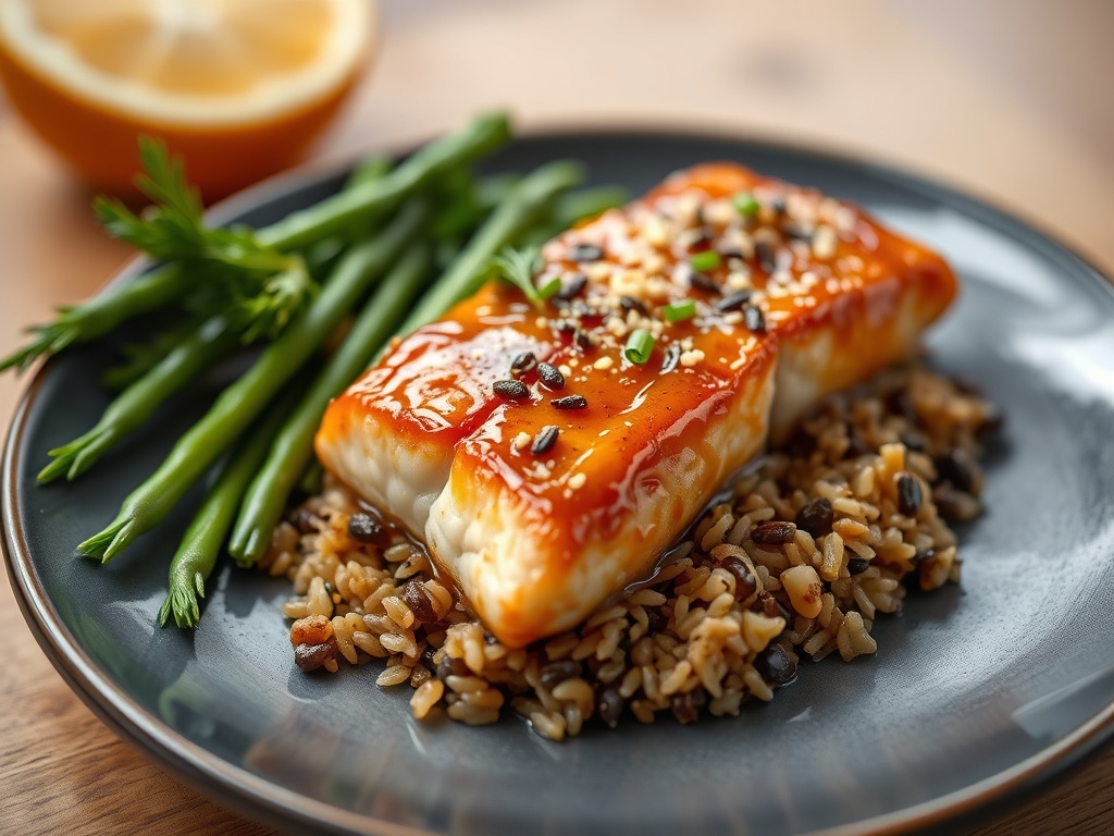 Caramelized Honey-Ginger Salmon with Toasted Sesame Wild Rice
